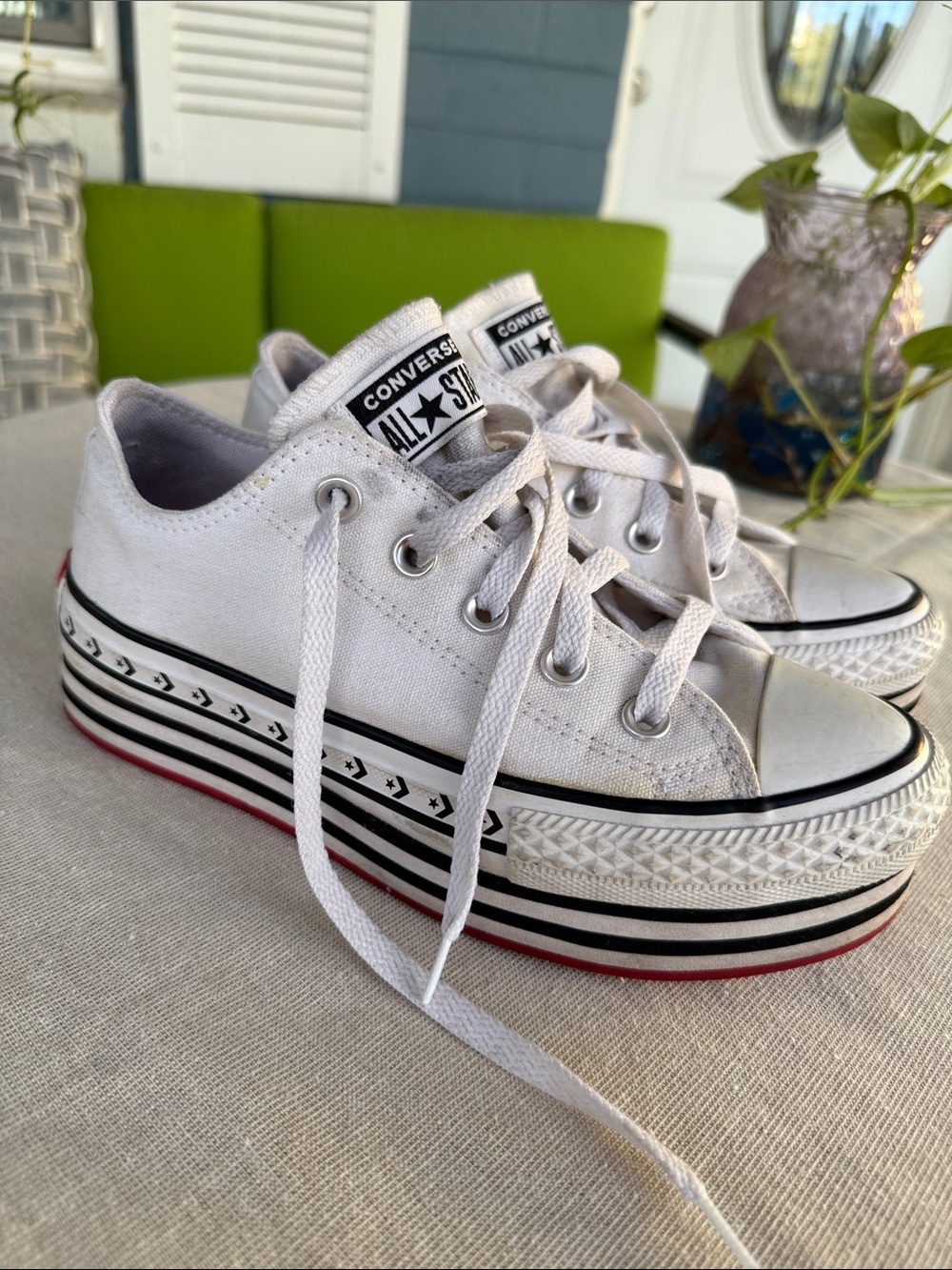 Converse White Low Top Platform Sneakers with Black & Red Accents